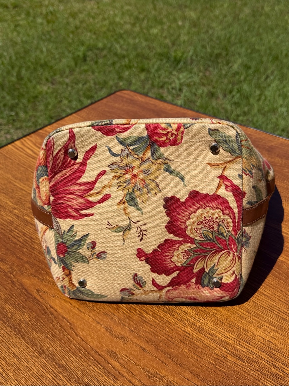Talbots Floral Tapestry Tote Bag Canvas Leather Trim Boho Cottagecore - Picture 6 of 15